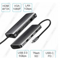 Bộ chuyển đổi Type C sang 3 USB 3.0 + HDMI + VGA + LAN + SD/TF + hỗ trợ nguồn Type C Ugreen 40873